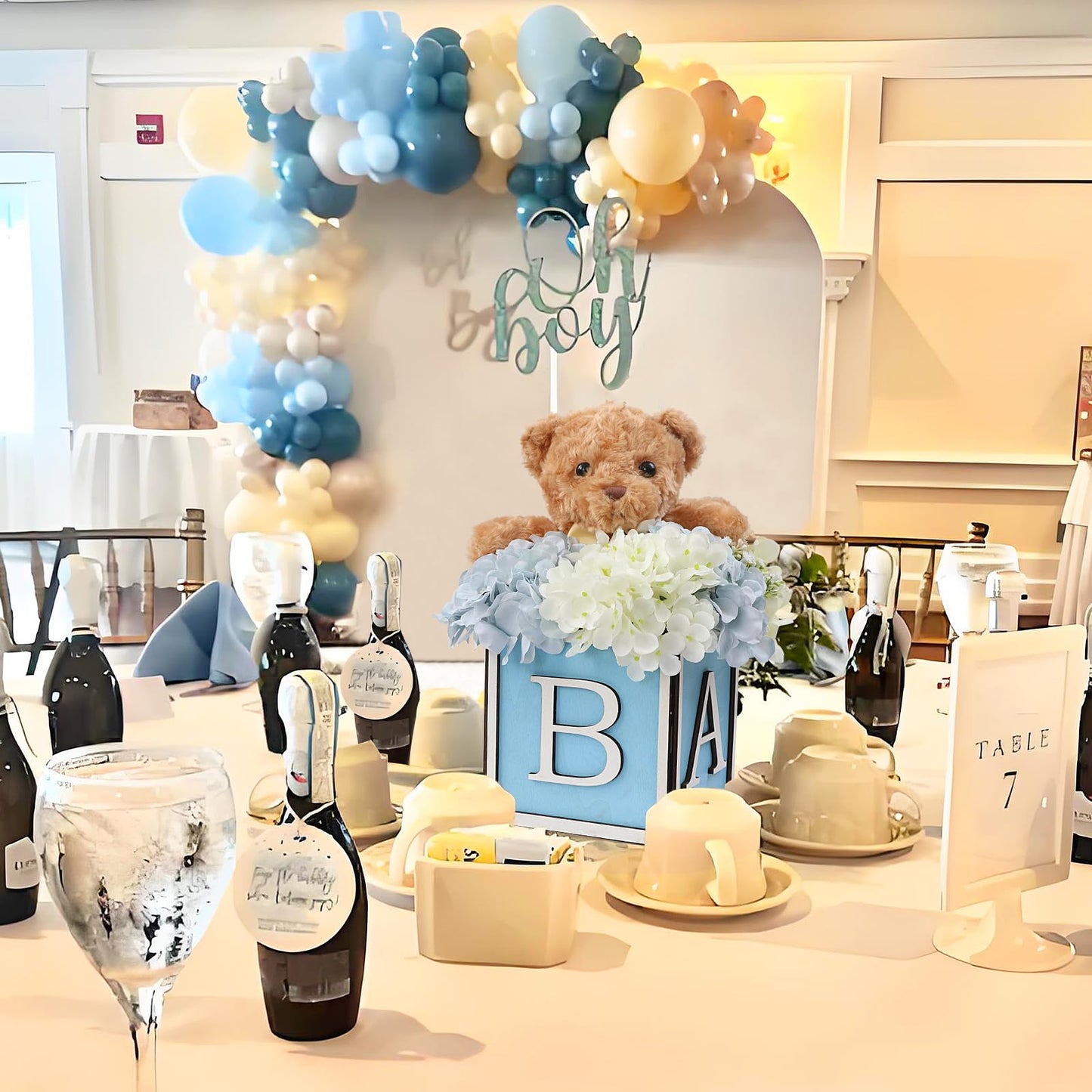 4 Set Baby Shower Centerpieces for Tables - 6 inch Wooden Boxes with Baby Letters Rustic Cube Planter Wood Blocks for Boy Girl Gender Reveal Party Favor (Blue)