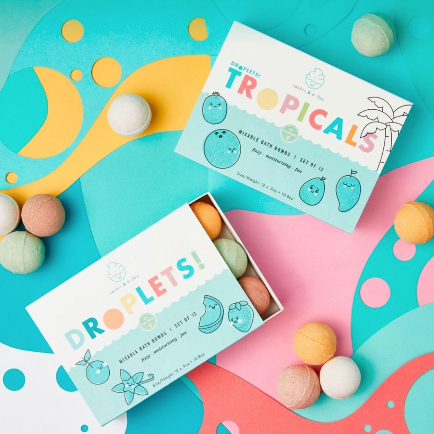 Dabble & Dollop Bath Bombs, 100% Natural Bath Bombs for Kids, Tropical Scents - USA Made, Moisturizing & Fun Droplets, Paraben & Sulfate Free, Vegan, Gluten-Free (Set of 12)