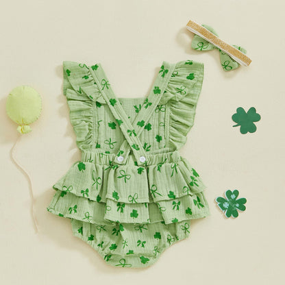 Baby Girls Flutter Sleeve Ruffles Layered Romper Dress Cute Patterns Printed Holiday Outfit with Headband