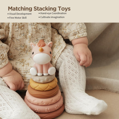 Nueplay 13 Pcs Building Circle & Blocks, Stacking & Nesting Baby Toys with Horse Figure, Newborn Essentials Squeeze Teething Toy Gifts for 6 12 18 Months Baby Toddler Girls