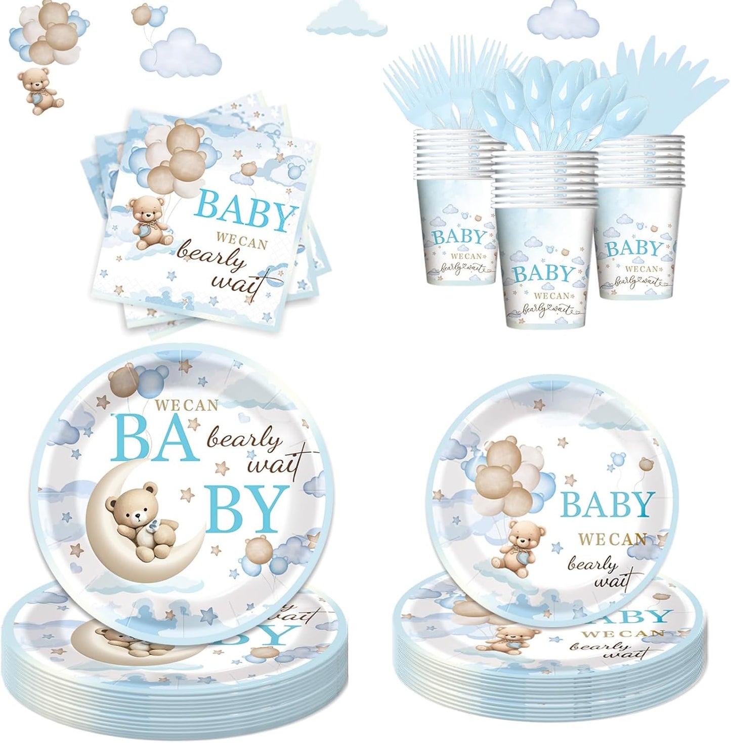 168pcs Bear Party Plates, Bear Birthday Decorations & Baby Shower Supplies - Bear Themed Plates, Cups, Napkins for "We Can Bearly Wait" Baby Shower Decorations, Kids Party Supplies