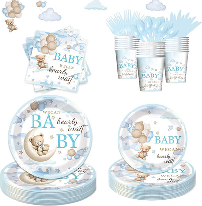 168pcs Bear Party Plates, Bear Birthday Decorations & Baby Shower Supplies - Bear Themed Plates, Cups, Napkins for "We Can Bearly Wait" Baby Shower Decorations, Kids Party Supplies