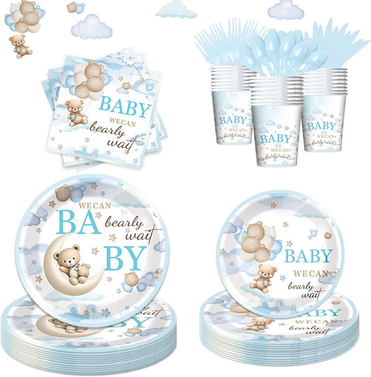 168pcs Bear Party Plates, Bear Birthday Decorations & Baby Shower Supplies - Bear Themed Plates, Cups, Napkins for "We Can Bearly Wait" Baby Shower Decorations, Kids Party Supplies