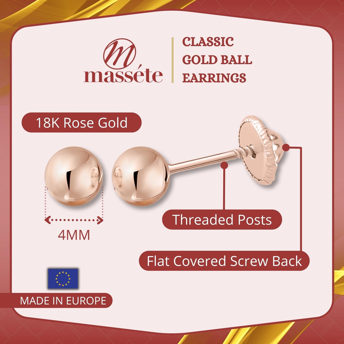 MASSETE Gold Ball Stud Earrings for Women and Girls Screwback | 10k, 14k, 18k | White Yellow or Rose Gold | 3mm 4mm 5mm | Nickel Free
