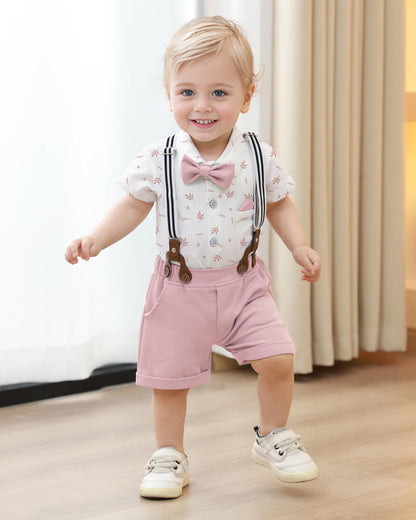 YUEMION Infant Baby Boy Clothes Gentleman Outfits Suits Summer Short Sleeve Bowtie Bodysuit Shirts + Suspender Shorts(0-24M)