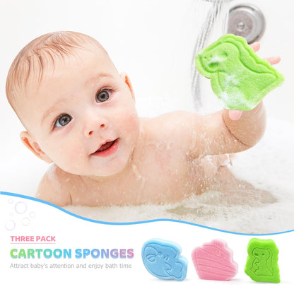 Baby Bath Sponge, Natural Cute Shapes Soft Shower Sponges for Bathing, Bathtub Foam for Infants and Toddler, 3pcs : Blue Dolphin, Pink Shell, Green Turtle