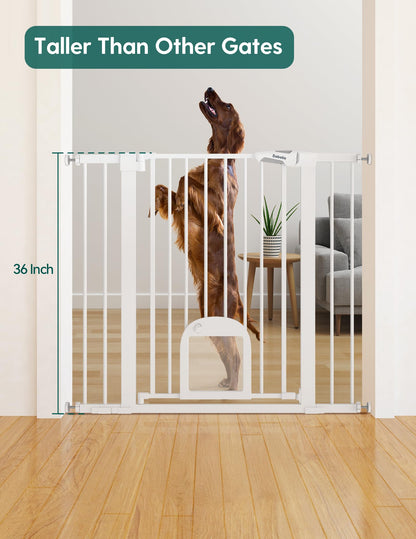 Babelio Upgraded Baby Gate with Cat Door, 29-43" Auto Close Durable Dog Gate for Stairs, Doorways and House, Easy Walk Thru Safety Gate with Pet Door Includes 4 Wall Cups, Black