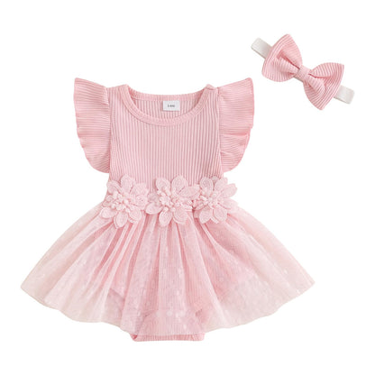 Hnyenmcko Newborn Baby Girl Summer Romper Dress Infant Fly Sleeve Flower Embroidery Mesh Tulle Skirt Hem Ribbed Bodysuit
