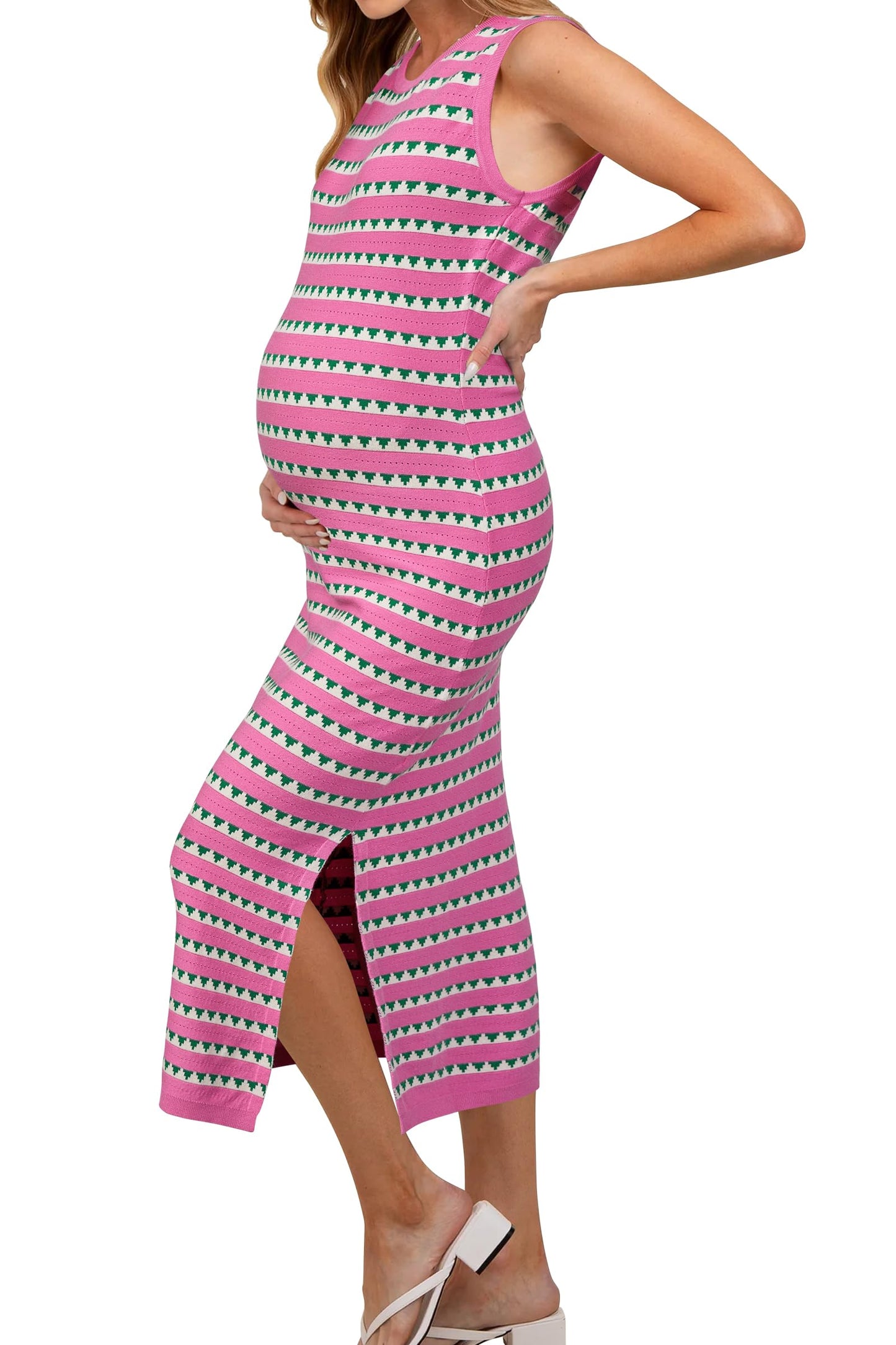 OUGES Women's 2025 Summer Maternity Dress Knit Sleeveless Crewneck Midi Dress Side Slit Striped Bodycon Sweater Dress