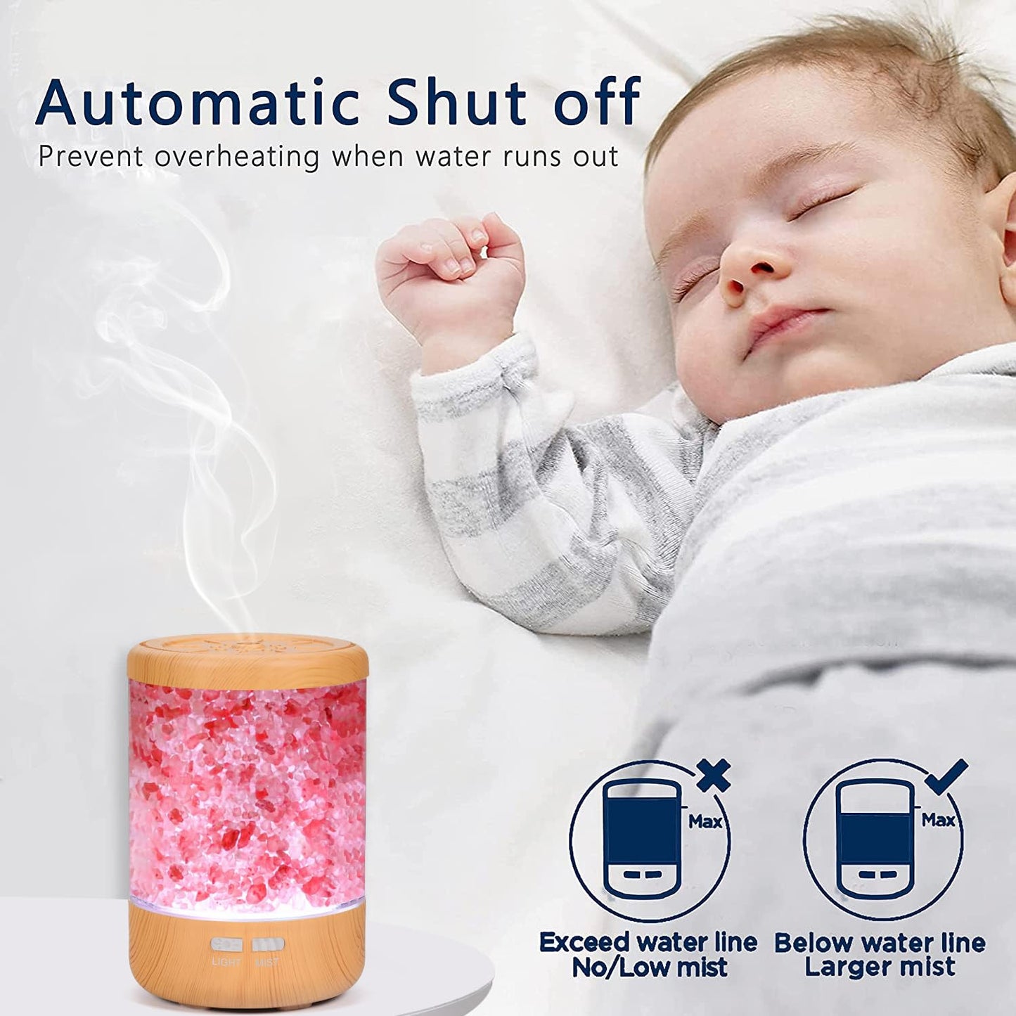 Essential Oil Diffuser Aromatherapy Diffuser - Himalayan Pink Salt Crystal Diffusers for Essential Oils with 7 Color Lights 2 Mist Mode, Reduce Noise Design for Baby Room, Yellow