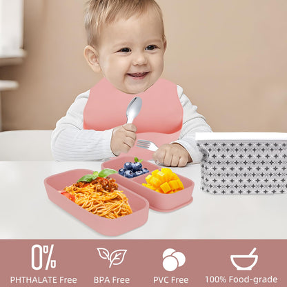 Travel Silicone Baby Feeding Set with 316 Stainless Steel Spoon & Fork ,Silicone Suction Plates, Foldable Bib, Storage Bag - Portable Infant Toddler Utensils, 6-Piece BPA-Free Dishware Kit（gray）