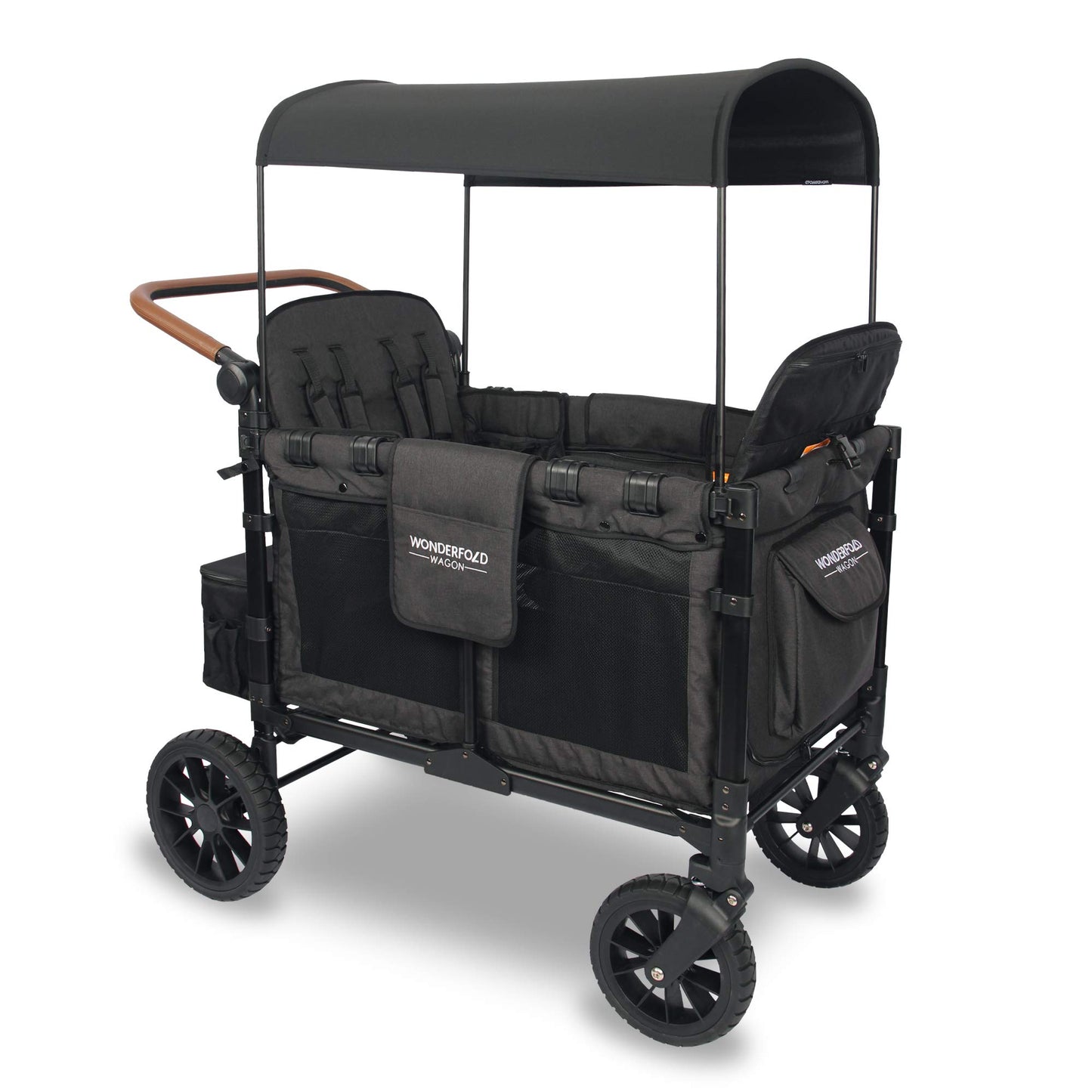 WONDERFOLD W4 Luxe Quad Stroller Wagon Featuring 4 High Face-to-Face Seats with Magnetic Buckle 5-Point Harnesses and Adjustable/Removable UV-Protection Canopy, Hunter Green