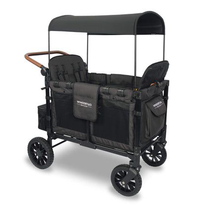 WONDERFOLD W4 Luxe Quad Stroller Wagon Featuring 4 High Face-to-Face Seats with Magnetic Buckle 5-Point Harnesses and Adjustable/Removable UV-Protection Canopy, Hunter Green