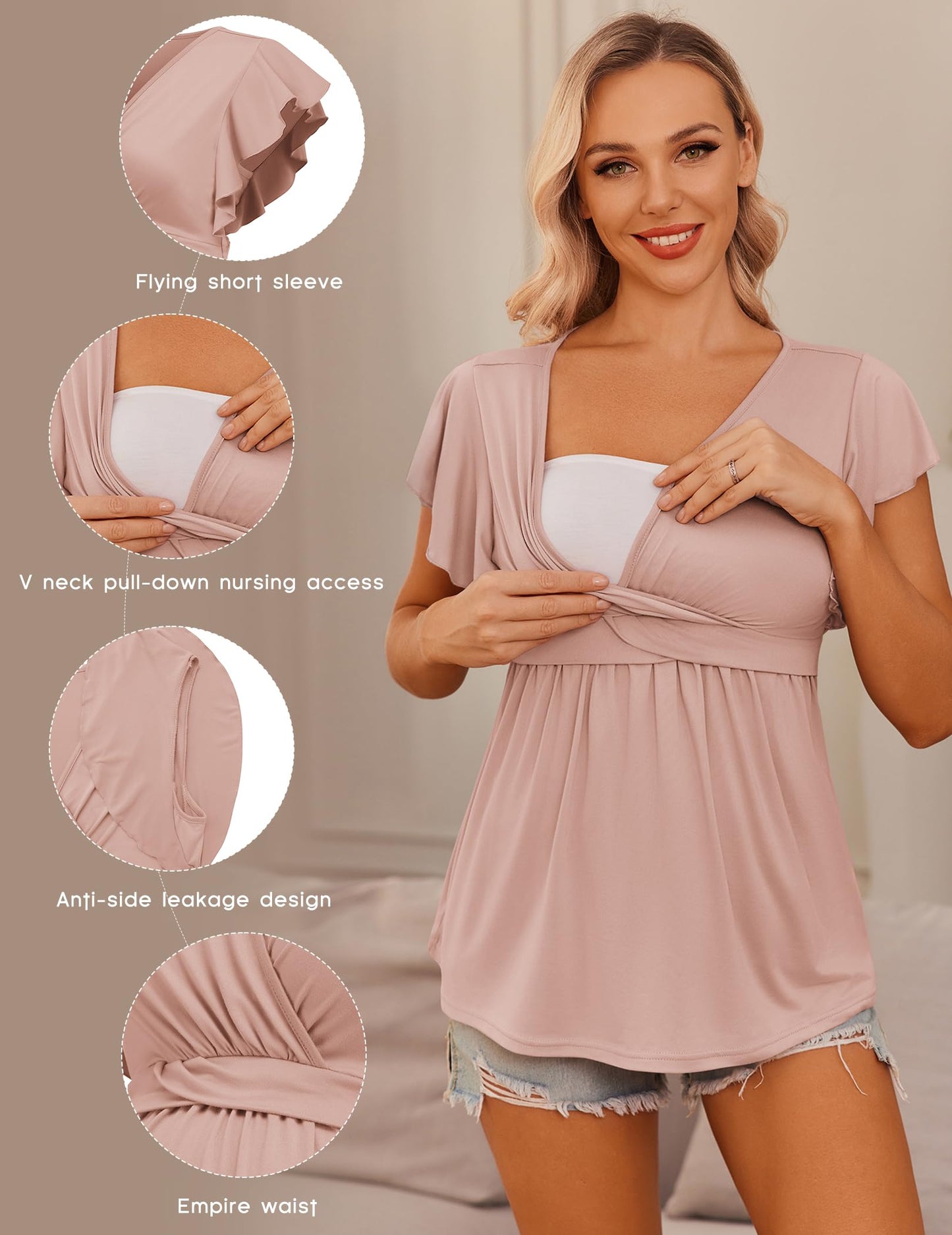 Ekouaer Maternity Shirts 3 Packs Flying Short Sleeve Nursing Tops Pregnancy Clothes