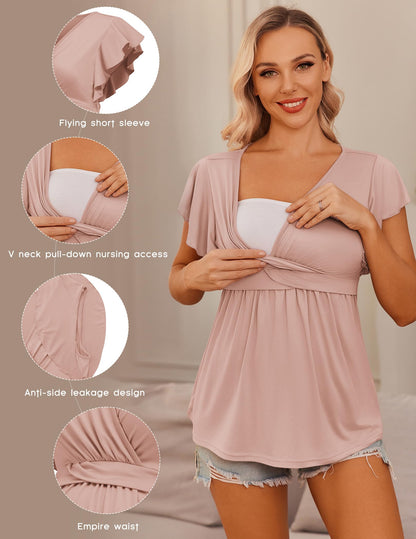 Ekouaer Maternity Shirts 3 Packs Flying Short Sleeve Nursing Tops Pregnancy Clothes