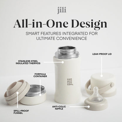 Jili All-in-One Baby Bottle, Insulated Stainless Steel Bottle with Formula Container, Anti-Colic Nipple, and Leak-Proof Lid, Baby Essentials for Travel, BPA and Phthalates-Free, Almond, 11 oz.