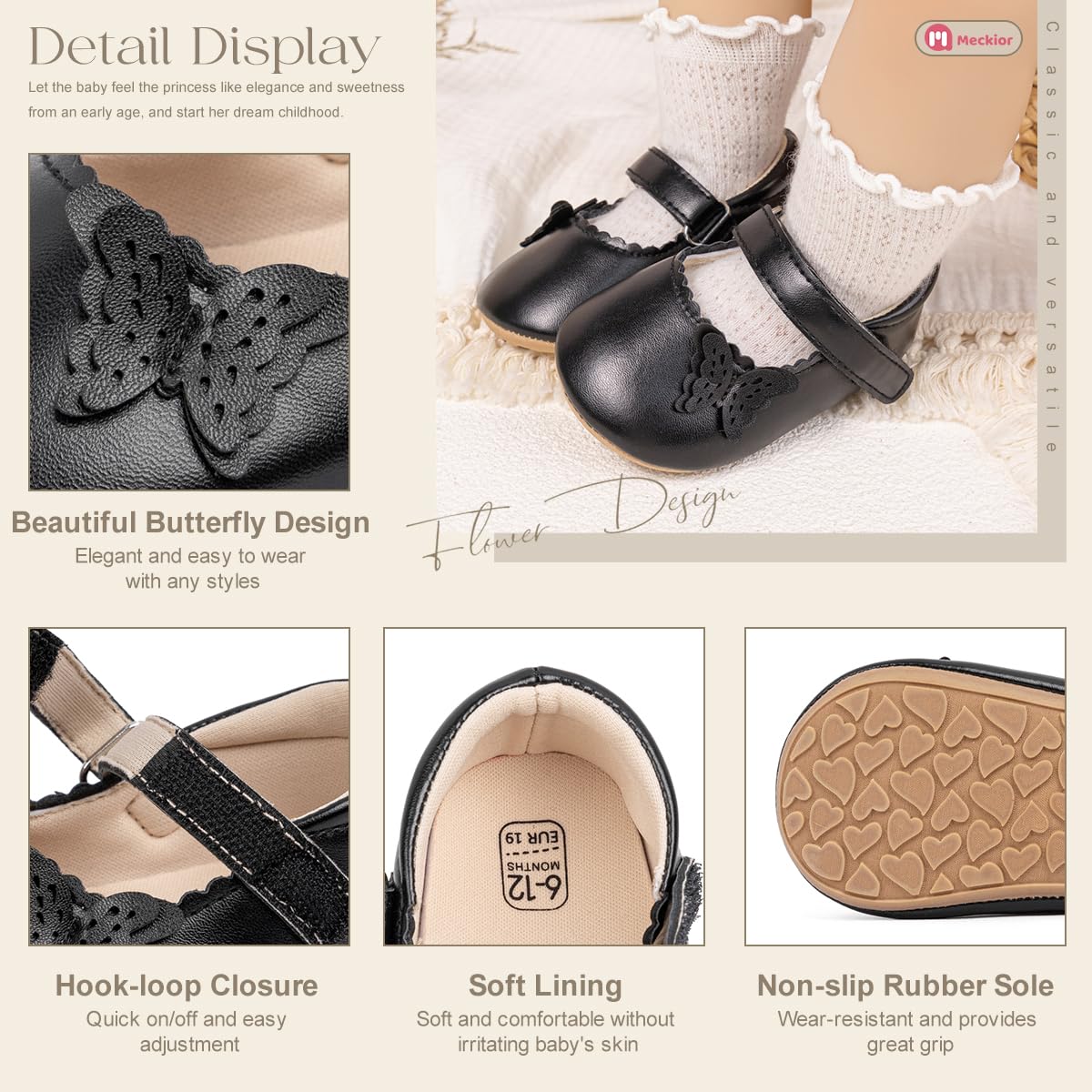 Meckior Infant Baby Girls Boys Handmade Princess Flats Toddler First Walkers Soft PU Leather Non-Slip Crib Wedding Dress Shoes