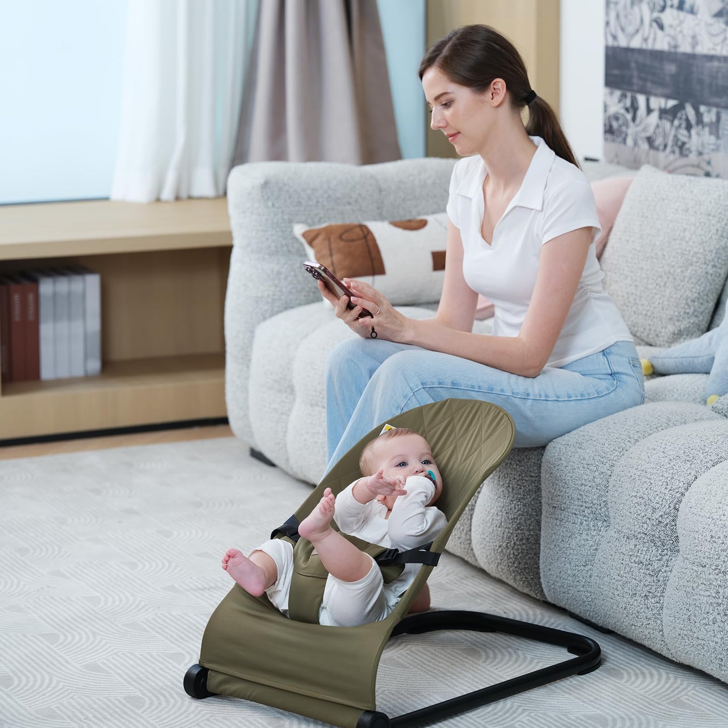 Baby Bouncer,Baby Bouncer Seat,Portable Infant Bouncer with 3-Point Safety Harness,Ergonomic Bouncy Seat, Newborns Bouncer for Babies 0-6 Months up to 20lbs,ASTM-Certified(Pink)