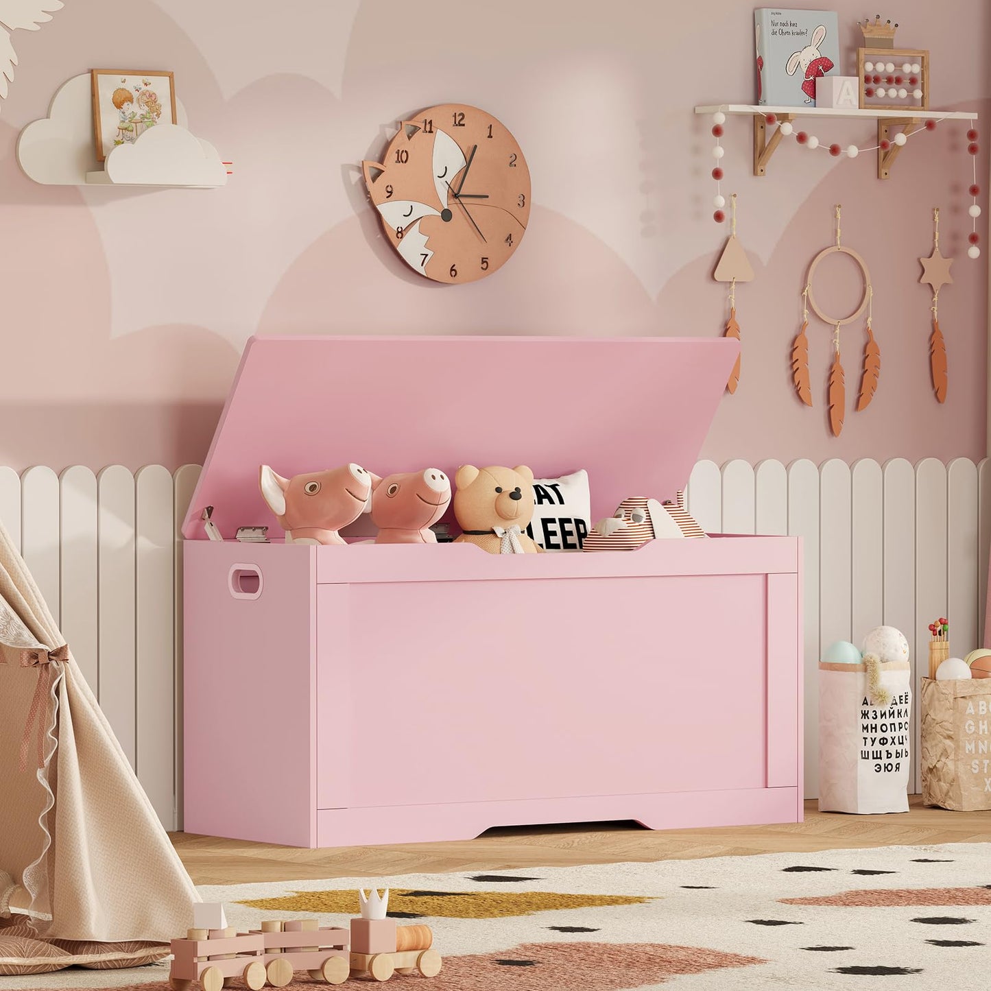 usikey 39.4” Storage Chest, Toy Box with 2 Safety Hinges, Toy Chest, Storage Bench for Bedroom, Supports 220 lb, for Living Room, Entryway, Pink