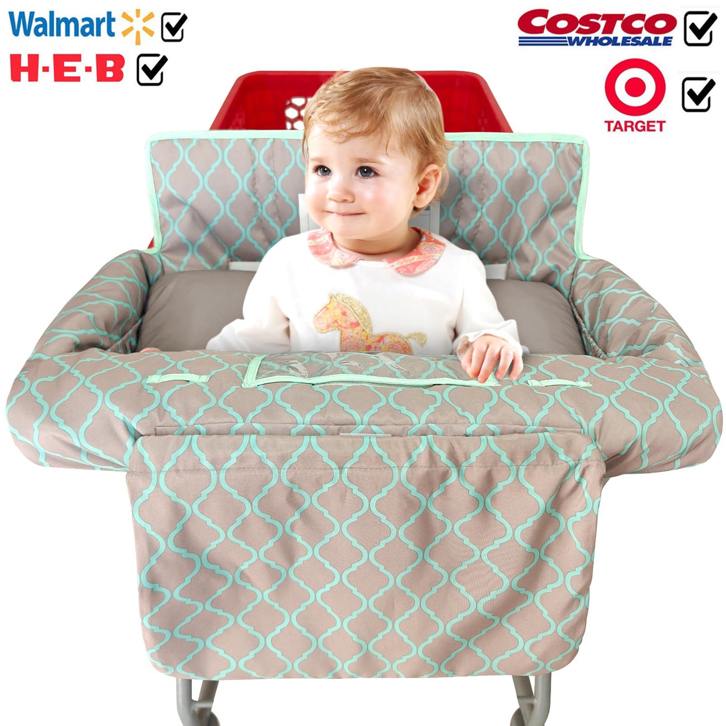 Soft Pillow Attached 2-in-1 Shopping Cart and High Chair Cover for Baby, Cotton Padded Cart Cover, Fold'n Roll Style, Portable with Carry Bag (Blue Elephant)