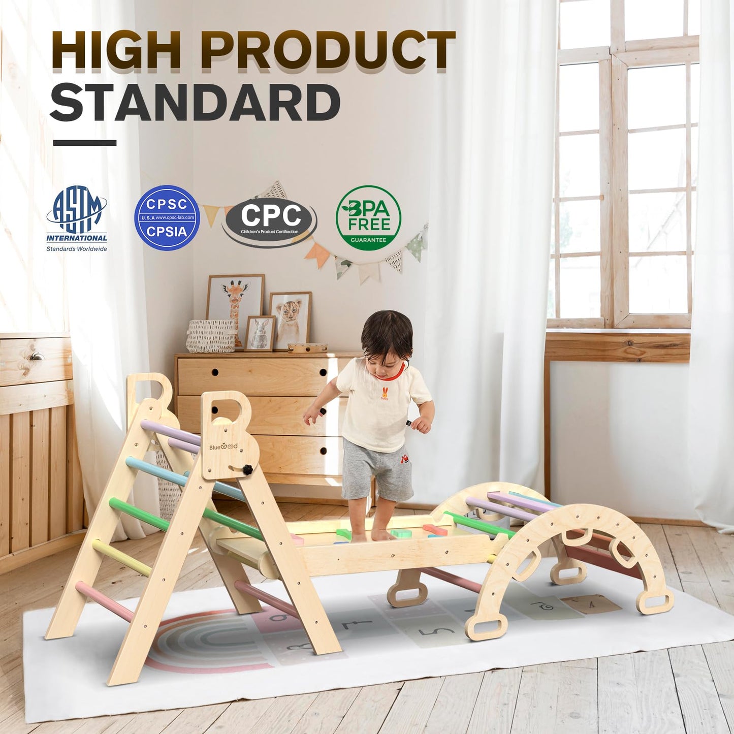 BlueWood Pikler Triangle Set 7-in-1 Foldable Baby Climbing Wooden Toys with Arch&Ramp&Ladder Climber Indoor Jungle Gyms for Toddlers - Rainbow