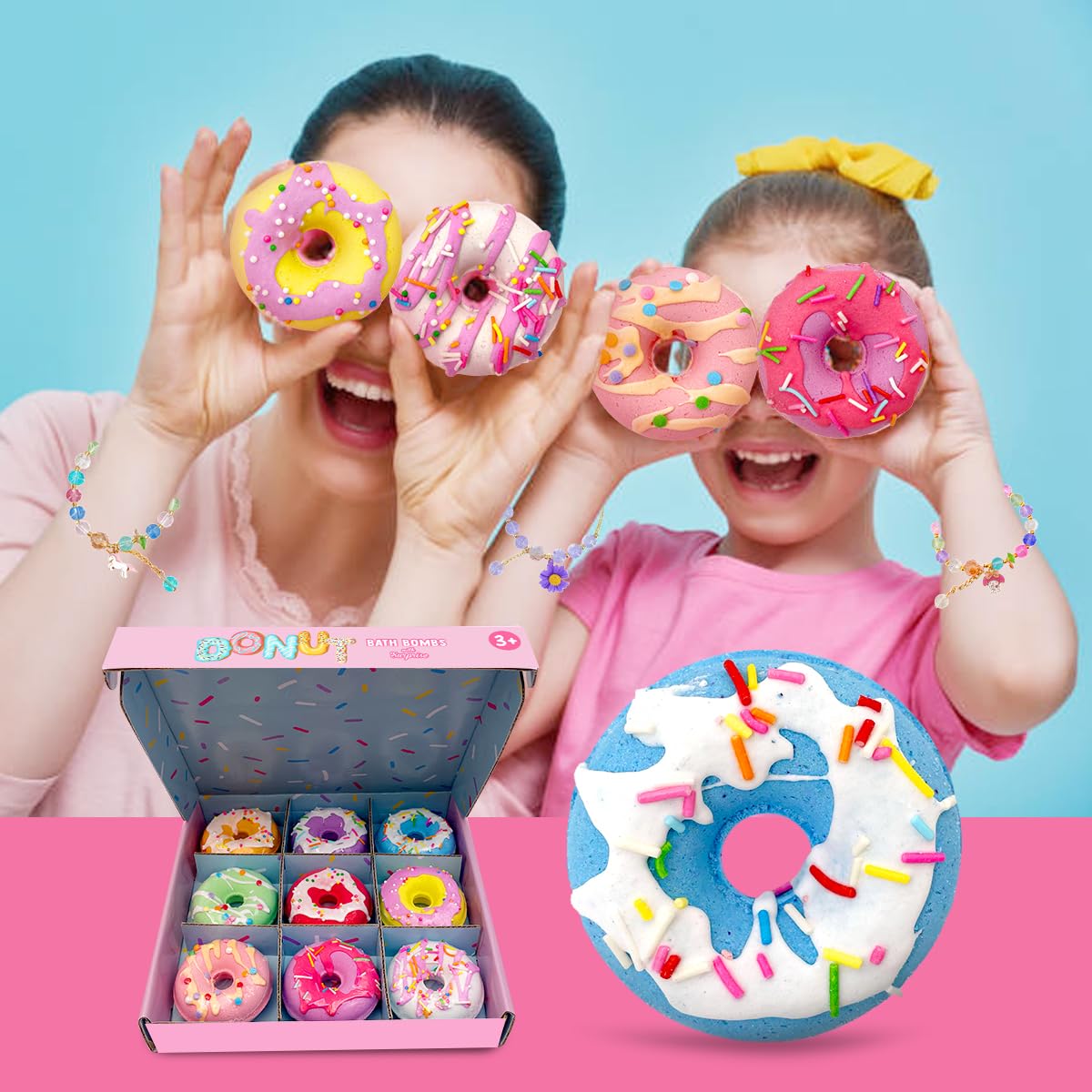 Donut Bath Bombs for Girls, 4oz/Pack of 9 Bath Bombs for Kids with Surprise Inside, Kids Bath Bombs with Jewelry Inside, Bath Bombs for Girl's Birthday Party Favor, Spa Day Gift