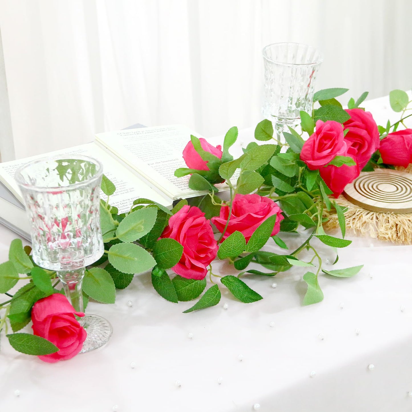 Felice Arts 2 Pack Pink Artificial Rose Garland Each 6.5FT Fake Rose Vine Hanging Floral Garland for Wedding Flowers Table Centerpiece Arrangement Baby Shower Decor
