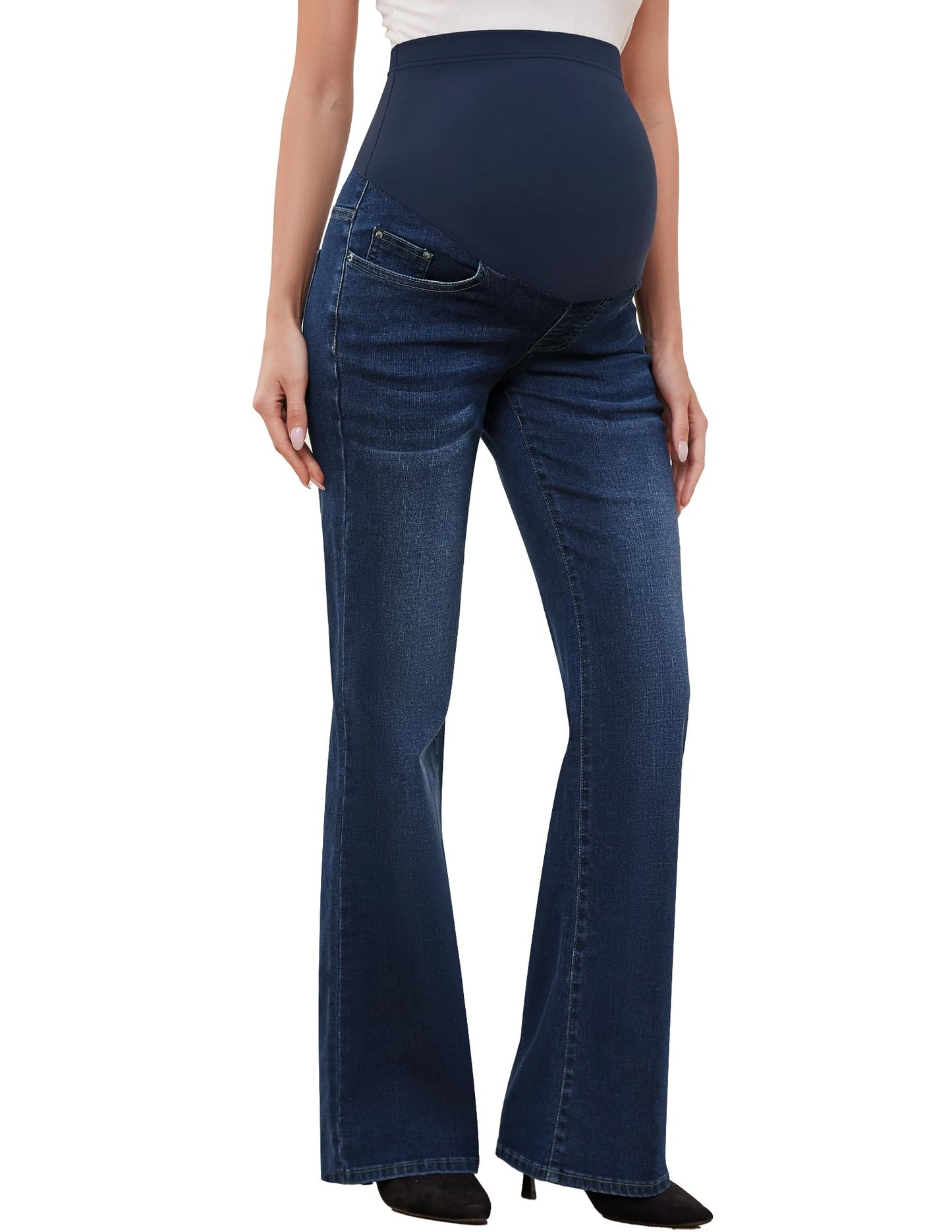 GLAMIX Women's Stretch Maternity Bootcut Jeans with Pockets Over The Belly Bell Bottoms Flare Denim Pants Pregnancy Clothes