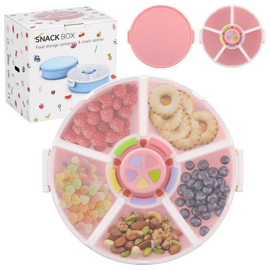 Kids Snack Rotator Container Reusable Snack Box with 5 Compartment Dispenser and Lid, Color Matching Opening Lid, BPA and PVC Free, for Toddlers, Babies, Home, School, Travel (1 Pack- Pink)