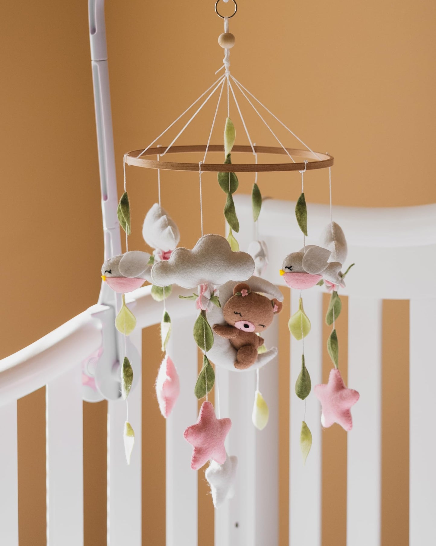 Girl Teddy Bear Mobile for Crib, Felt Ball Mobile Bear Crib Mobile Pink Bear Baby Shower, Gift Baby Nursery Decor Kids Mobile, Bear Stars Bird Mobile Mobile arm is NOT Included