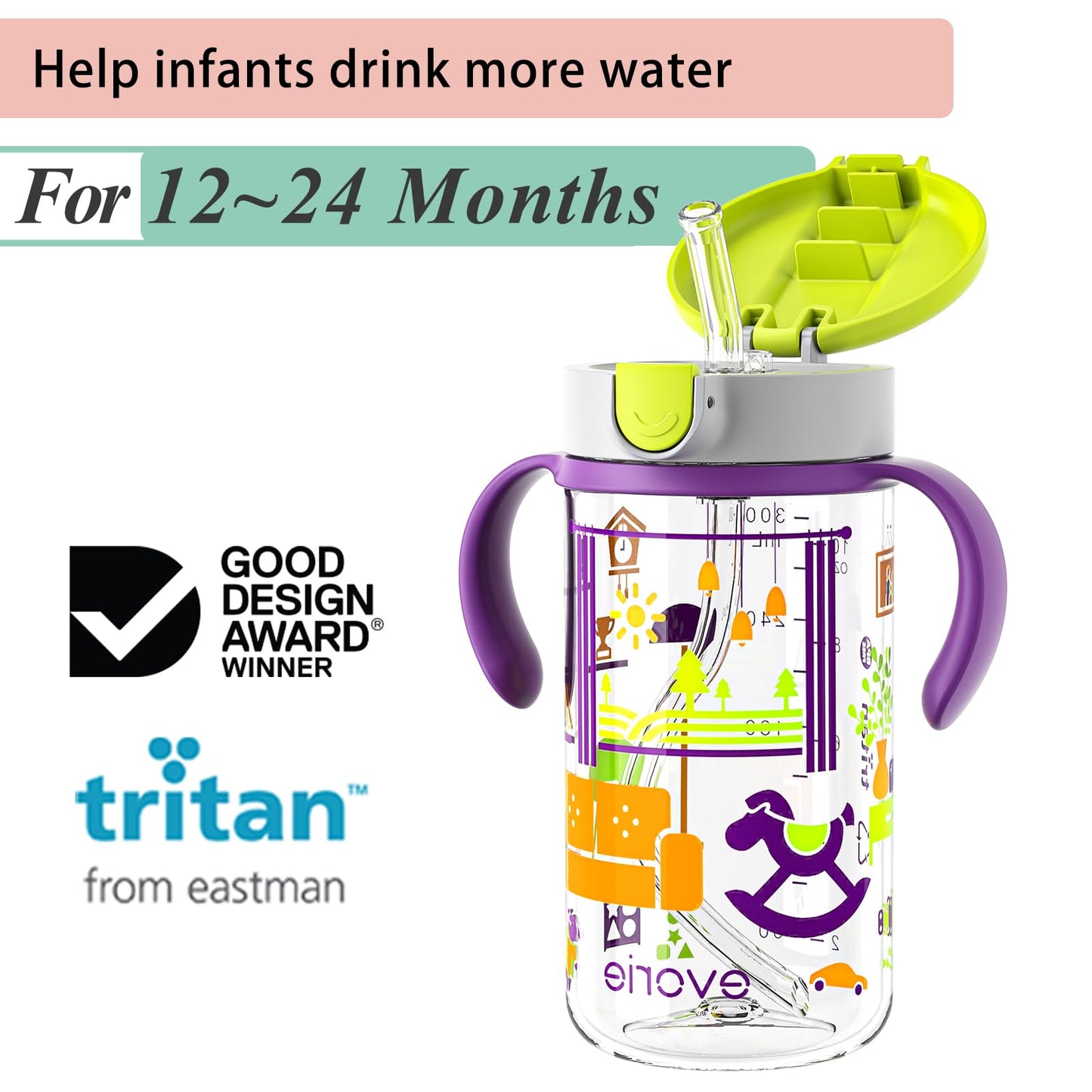 Evorie Tritan Spill Proof Toddler Straw Sippy Cup, 10 oz for Baby and Toddlers 1-3 Years Old, No Spill Straw Water Bottle with Removable Handles, Ideal for School, BPA-Free, Pink Rabbit