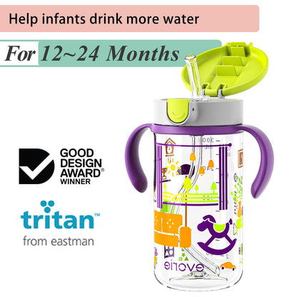 Evorie Tritan Spill Proof Toddler Straw Sippy Cup, 10 oz for Baby and Toddlers 1-3 Years Old, No Spill Straw Water Bottle with Removable Handles, Ideal for School, BPA-Free, Pink Rabbit