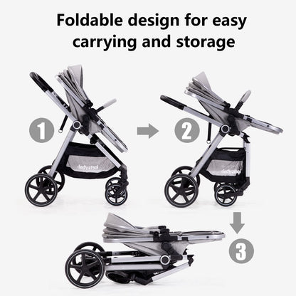 2-in-1 Baby Stroller with Bassinet Mode - Folding Infant Newborn Pram Stroller with Reversible Seat - Toddler Strollers for 0-36 Months Old Babies (Beige)
