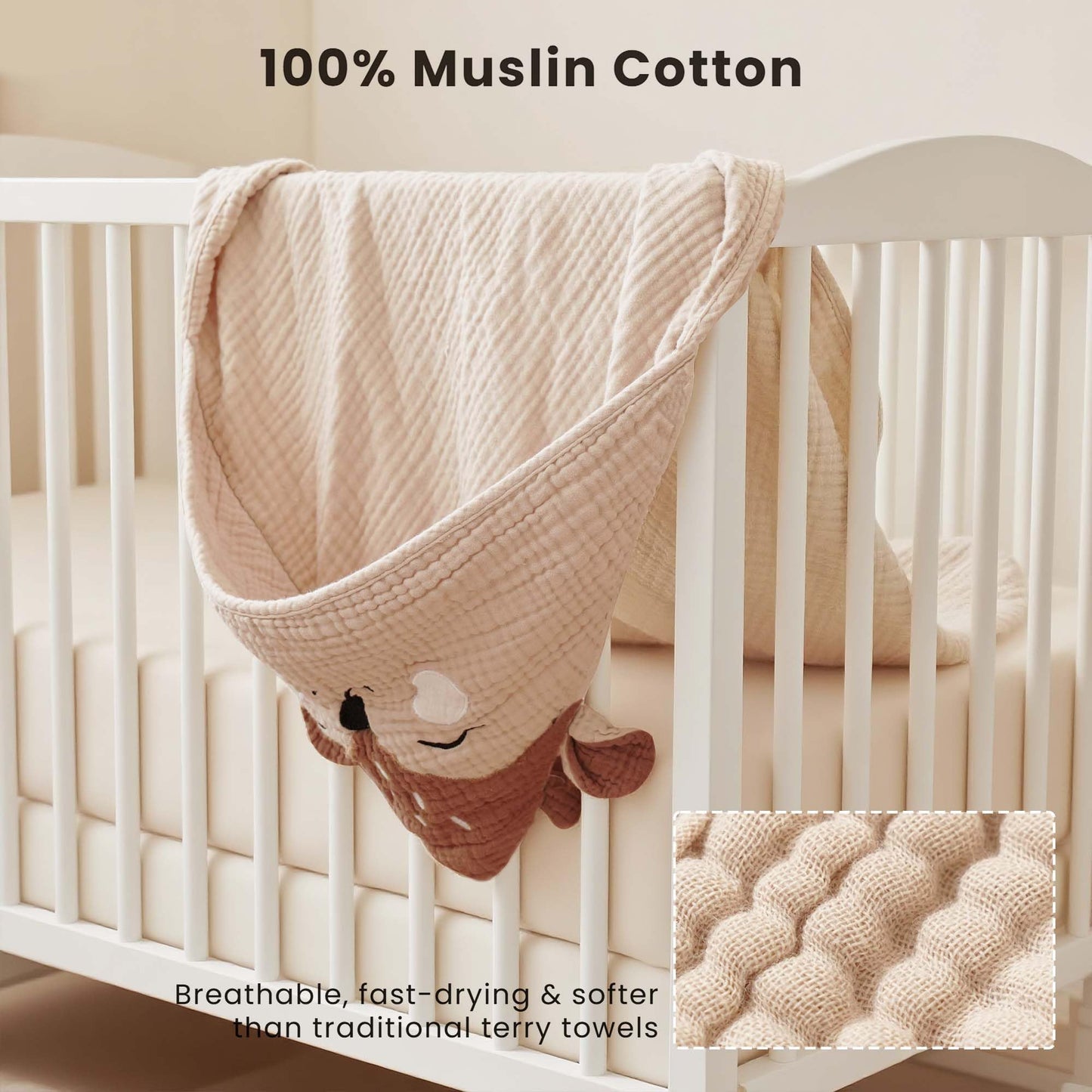 Konssy 2-Pack Muslin Baby Hooded Towels, Soft Cotton and Absorbent Baby Bath Towels for Newborn, Infant & Toddler with Animal Hooded Design (Bunny & Deer)