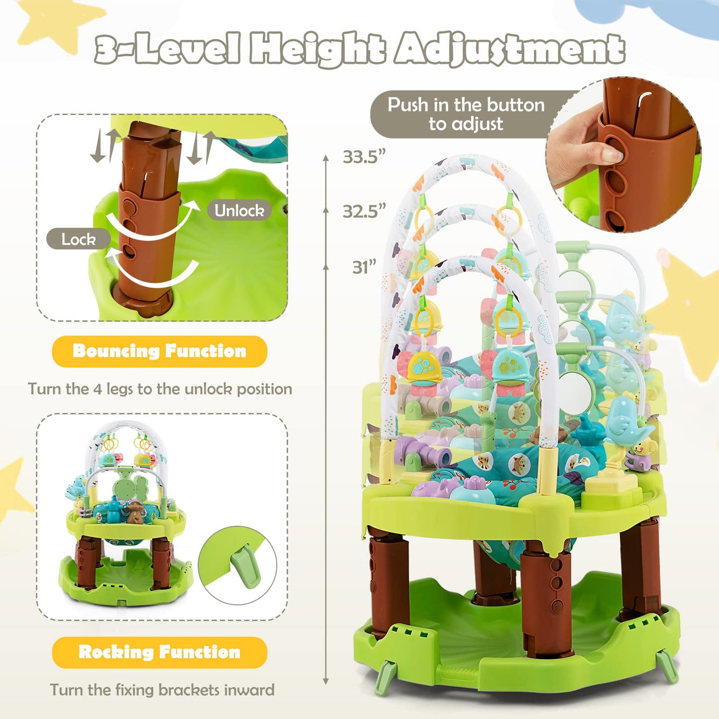 HOMGX Baby Bouncer Activity Center, 3 in 1 Baby Jumper Center & Infant Playtime Mat & Activity Table w/Baby Toys, 3 Adjustable Heights & 360° Rotatable Seat, Exersaucer for Toddlers (Green)