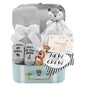 Baby Shower Gifts, Baby Boy Gifts Basket Includes Newborn Blanket Baby Lovey Security Blanket Wooden Rattle Toy, Funny Baby Bibs Socks & Greeting Card - Baby Gift Set Newborn Shower Basket