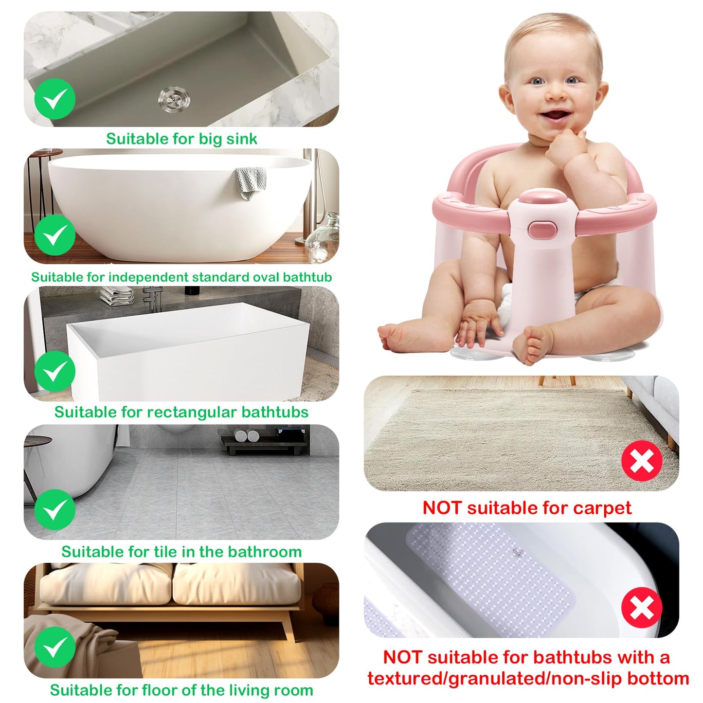 Baby Bath Seat, Infant Bathtub Seats for Babies Sitting Up Aged 6-24 Months, New Baby Bath Tub-Protect Toddlers Skin and Back Support, Soft Non-Slip Cushions Extra Added (Deep Pink)