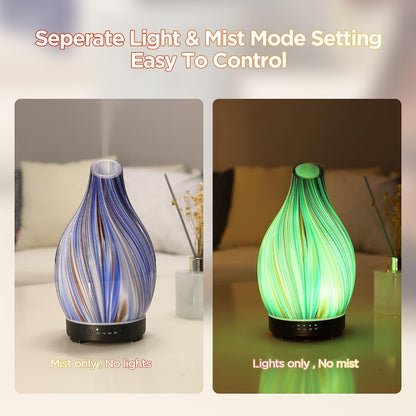 Essential Oil Diffuser Hand Blown Glass Aromatherapy Diffuser - Ultrasonic Cool Mist Scent Aroma Diffuser, Whisper Quiet with Auto Shut-Off, Timer Setting &7 Colors Night Light for Home