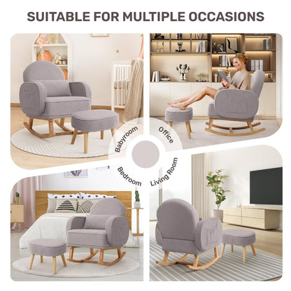 Rocking Chair with Ottoman, Upholstered Glider Rocker with High Backrest and Side Pocket, Rocking Accent Armchair with Solid Wood Legs for Nursery, Living Room, Bedroom Green