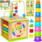 TOYVENTIVE Wooden Activity Cube, Montessori Toys for 1+ Year Old Girl, Multipurpose Educational Sensory Toy for Baby, Toddler, Kid | First Birthday Gift | Bonus First Words Book