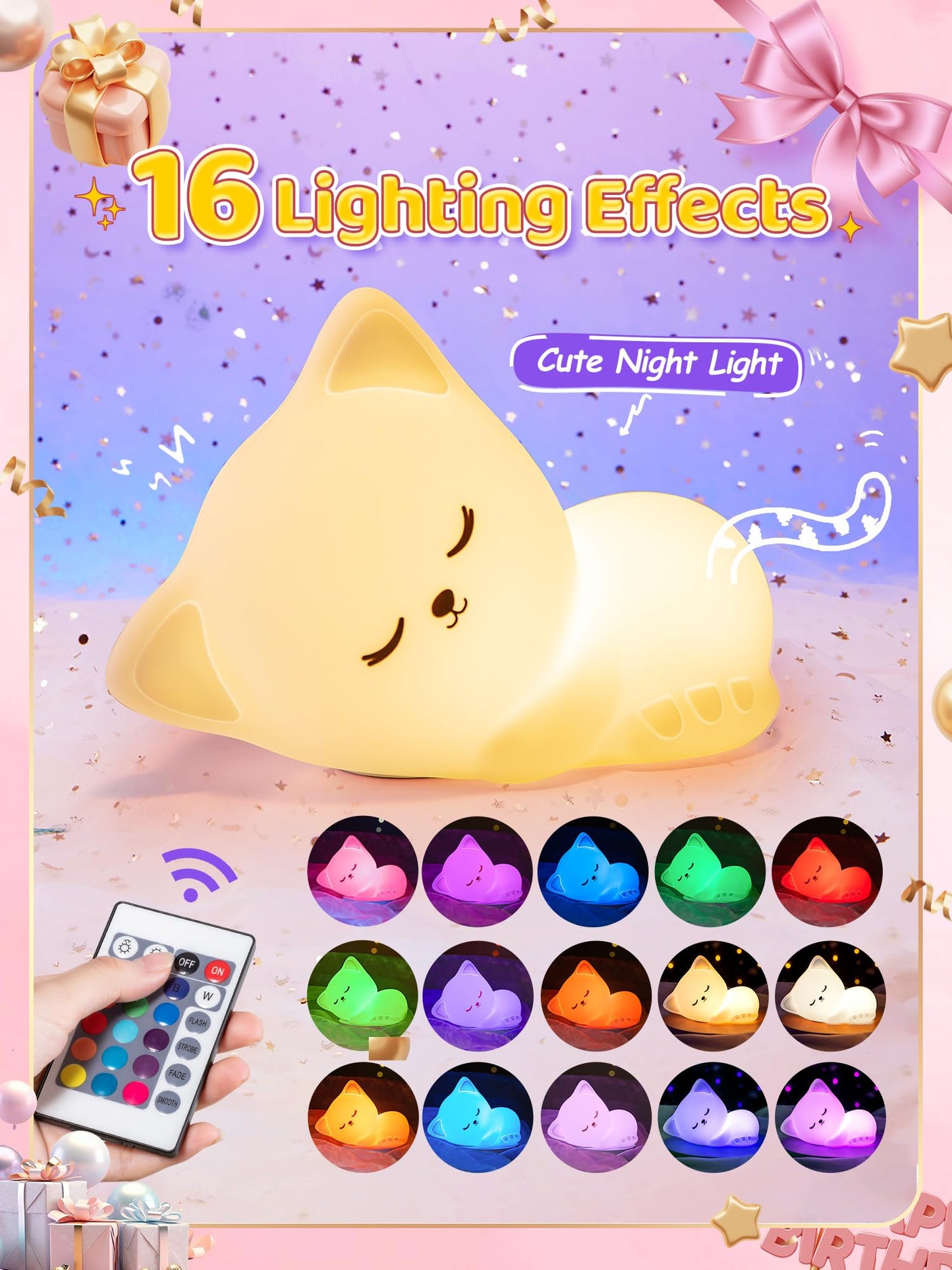 Mubarek Night Light for Kids, 16 Colors Dimmable Kids Night Light lamp, Remote Silicone Night Light for Baby Nursery, Rechargeable Cute Lamp Cat Lamp,Timer Toddler Night Light,Nightlight for Kids Room