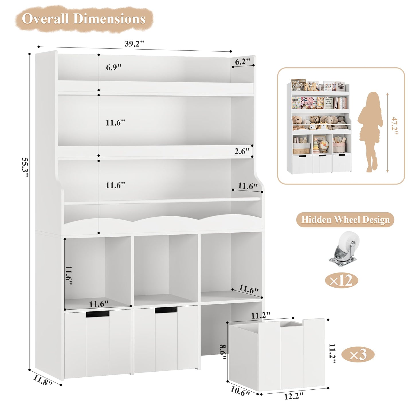 HITHOS 55.3" H Kids Bookshelf with Toy Storage Organizer, Tall Book Shelf with 3 Movable Toy Storage Bins, Large Kids Bookcase with Toy Chest, 39.2" W Modern Toy Box for Kids Room, Playroom, White