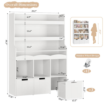 HITHOS 55.3" H Kids Bookshelf with Toy Storage Organizer, Tall Book Shelf with 3 Movable Toy Storage Bins, Large Kids Bookcase with Toy Chest, 39.2" W Modern Toy Box for Kids Room, Playroom, White