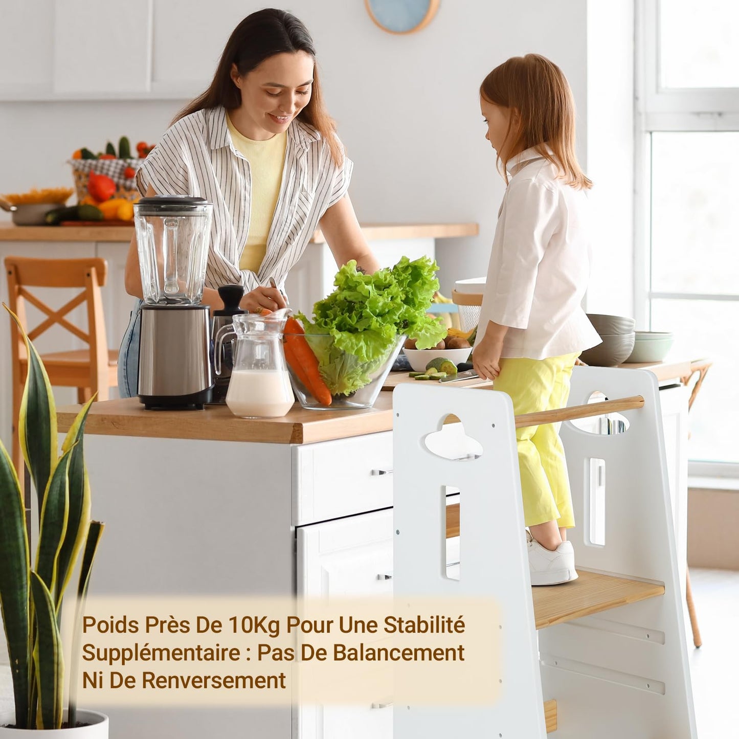 COSYLAND Toddler Standing Tower Adjustable Height - Super Stable Kids Kitchen Stool Helper - 3 Levels Adjustable Wooden Toddler Kitchen Stool (Natural & Navy Blue)