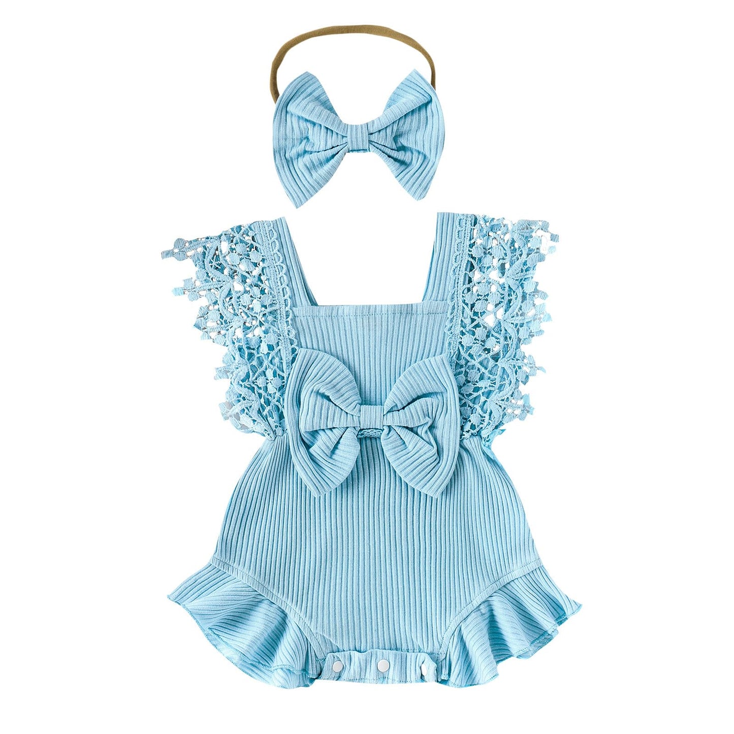 Newborn Baby Girl Lace Romper Ruffle Sleeveless Backless One Piece Jumpsuit Bodysuit with Headband Summer Clothes