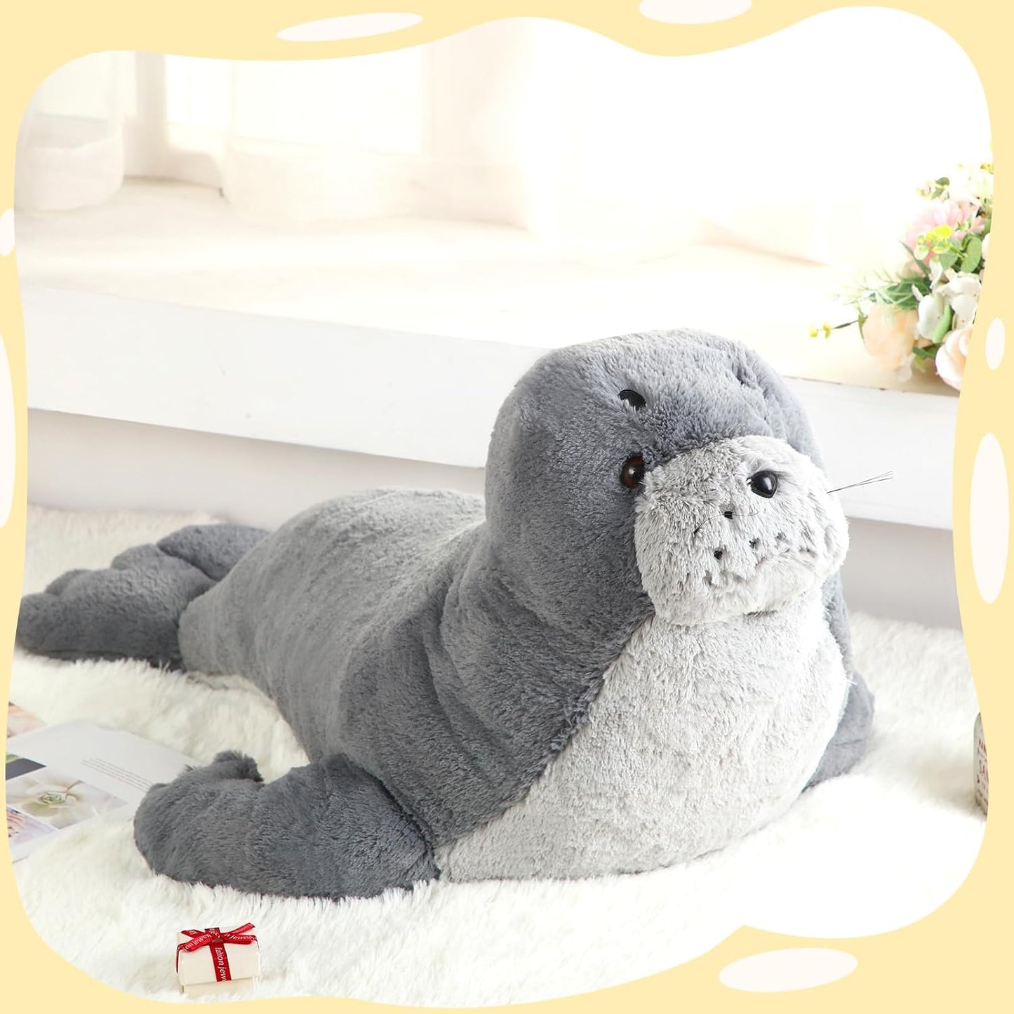 Poen 39 Inch Giant Seal Plush Stuffed Animal Large Fat Soft Cuddly Grey Cute Hug Seal Plush Toy Adorable Big Pillow Gift for Kids Sleeping Companion Birthday Ocean Animals Decor