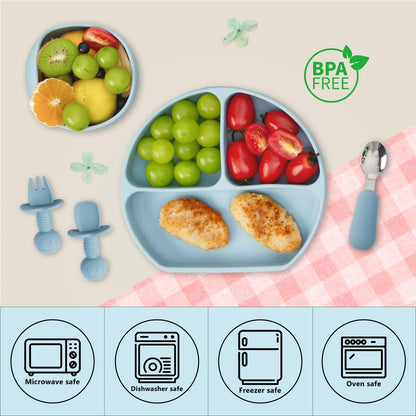 Baby Feeding Set, 13PCS Silicone Baby Self Feeding Set, Toddler Led Weaning Utensils Set with Suction Bowl and Plate, 3 Set of Baby Spoon and Fork, Adjustable Bid, Sippy Cup with Straw and 2 Lids