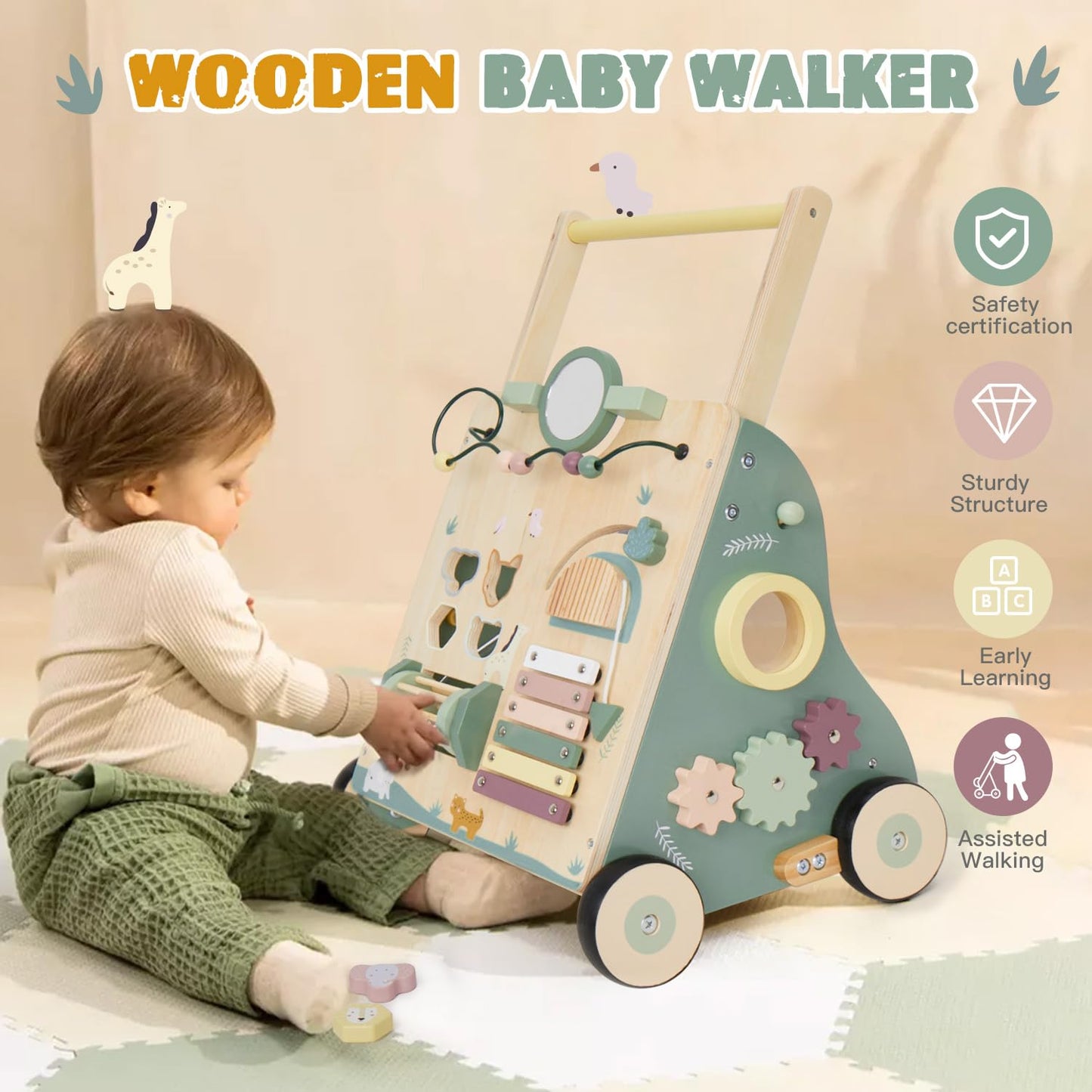 Wooden Baby Walker, Baby Push Walker for Girls and Boys, Montessori Toy, Learning to Walk with Activity Center, Push and Pull Toys with Wheel Adjustable Speed