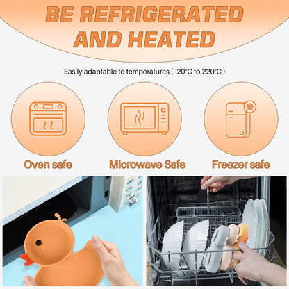 Qshare Powerful Suction Plates for Baby and Toddler,Baby Divided Plate,Thanksgiving Plates with Fork and Spoon,Duck Baby Plate Non-Slip,BPA Free,Microwave & Dishwasher Safe (Orange)