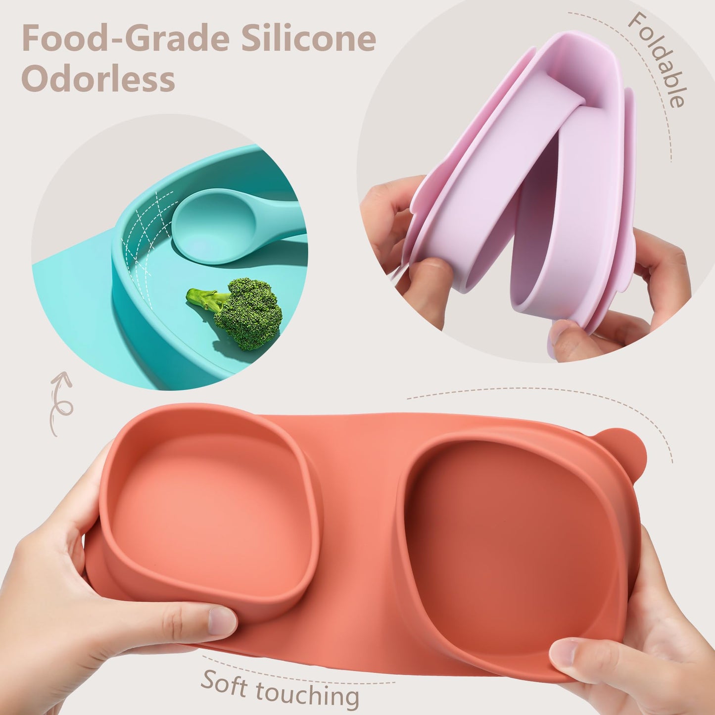 Silicone Foldable Novelty Dinner Plates,Baby Plates Travel Essential with Forks and Spoons,Microwave & Dishwasher SafeWatermelon